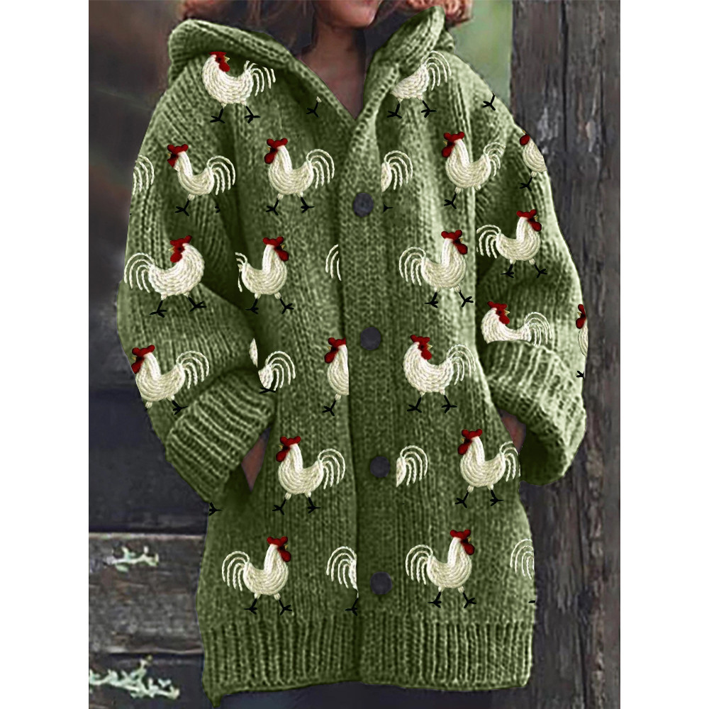 Roosters Embroidery Pattern Cozy Knit Hooded Cardigan