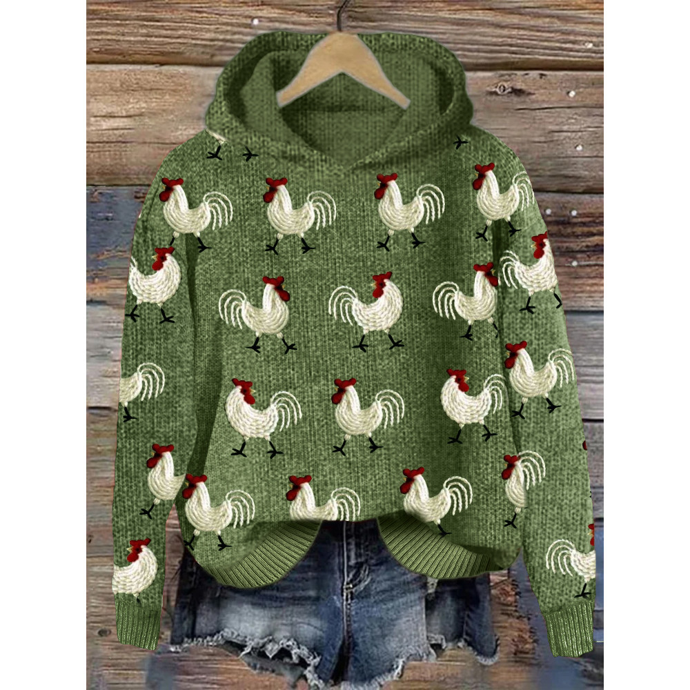 Roosters Embroidery Pattern Cozy Knit Hoodie