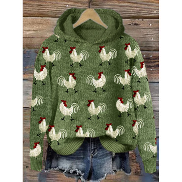 Roosters Embroidery Pattern Cozy Knit Hoodie