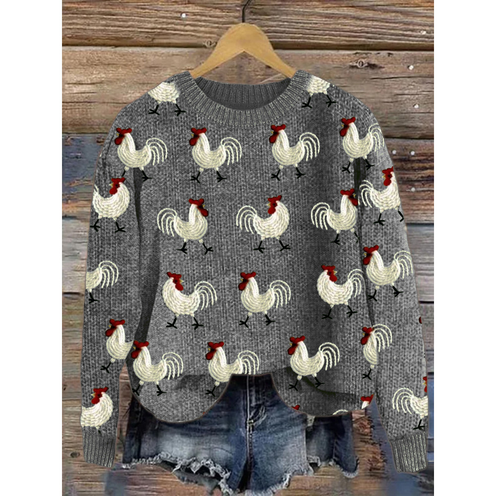 Roosters Embroidery Pattern Cozy Knit Sweater
