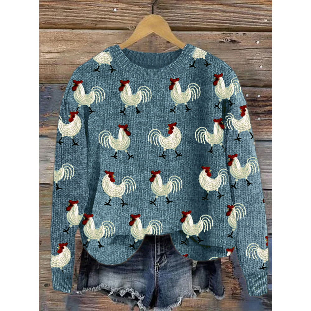 Roosters Embroidery Pattern Cozy Knit Sweater