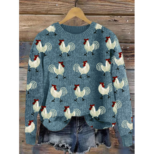 Roosters Embroidery Pattern Cozy Knit Sweater