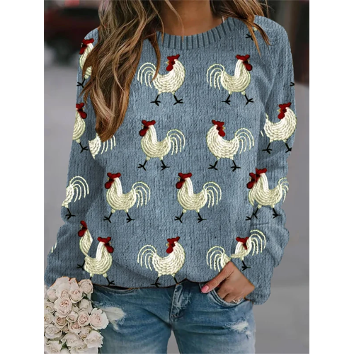 Roosters Embroidery Pattern Crew Neck Pullover