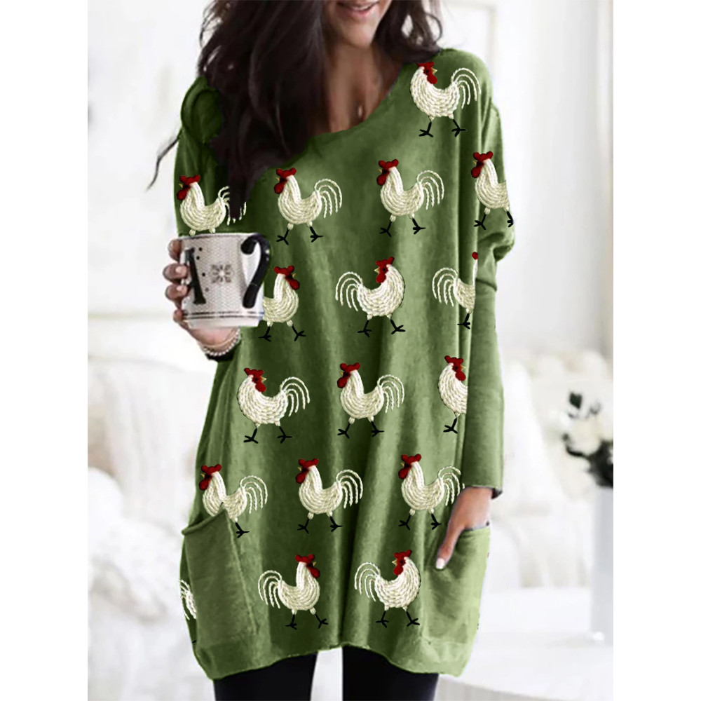 Roosters Embroidery Pattern Patch Pocket Cozy Tunic