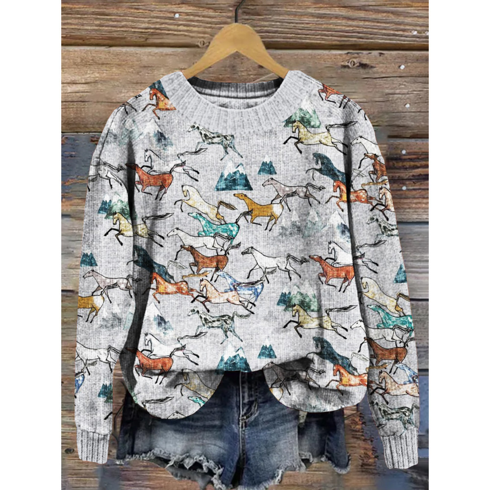 Running Horses Pattern Vintage Cozy Knit Sweater