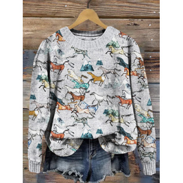 Running Horses Pattern Vintage Cozy Knit Sweater