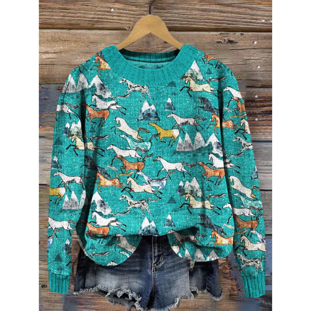 Running Horses Pattern Vintage Cozy Knit Sweater