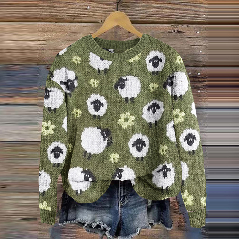 Sheep And Flower Print Casual Pullover Knitted Sweater