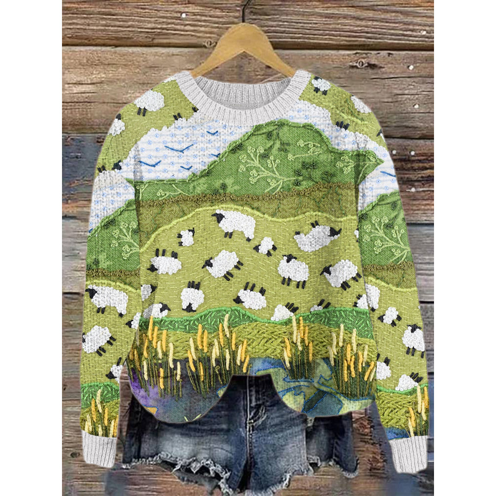Sheep Art Painting Casual Cozy Knit Sweater
