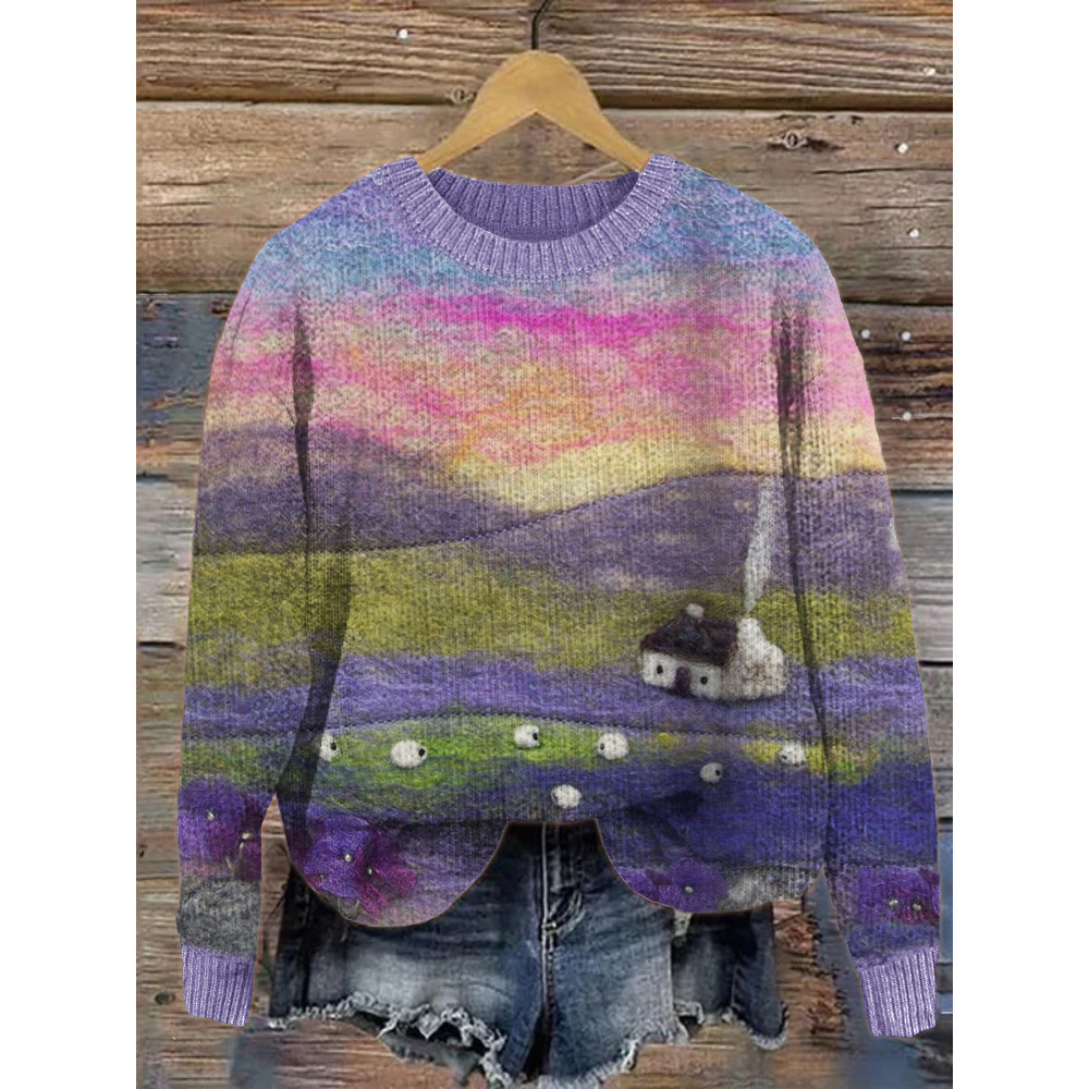 Sheep Cottage Landscape Felt Art Cozy Sweater