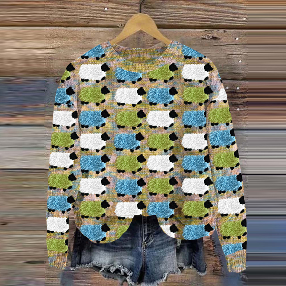 Sheep Cute Pattern Crew Neck Cozy Knit Sweater