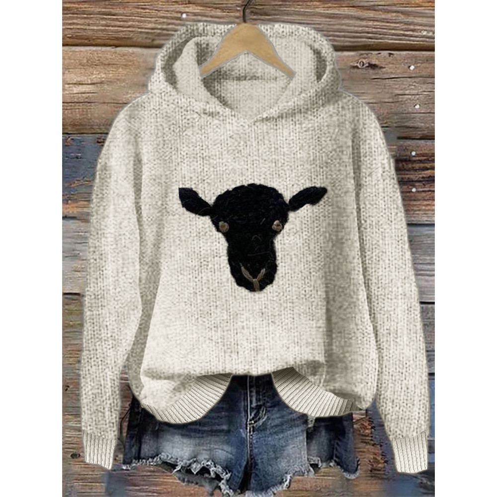 Sheep Face Embroidery Art Cozy Knit Hoodie