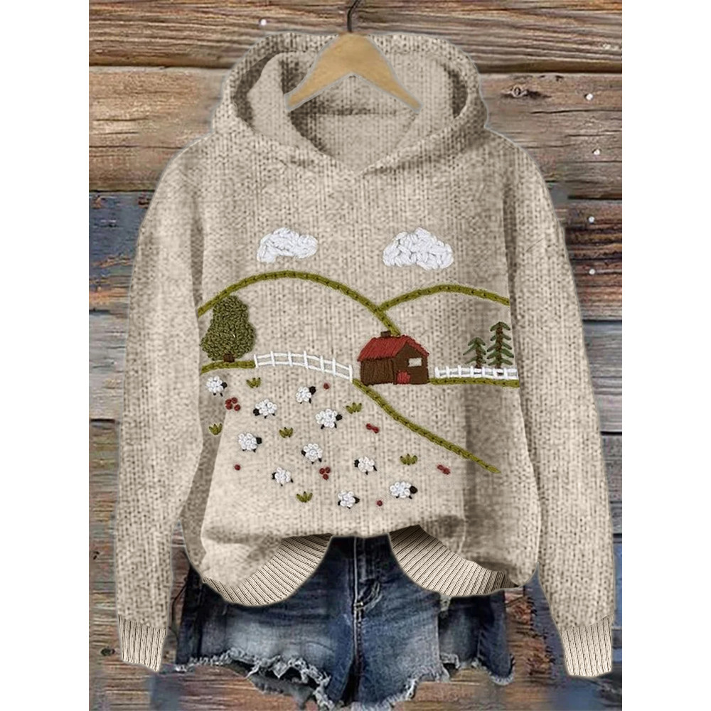 Sheep Farm Landscape Embroidery Art Cozy Knit Hoodie