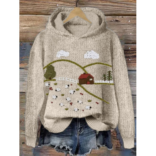 Sheep Farm Landscape Embroidery Art Cozy Knit Hoodie