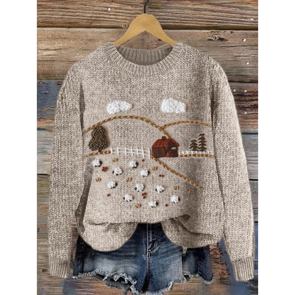 Sheep Farm Landscape Embroidery Cozy Knit Sweater