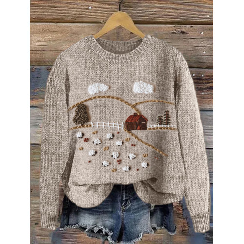 Sheep Farm Landscape Embroidery Cozy Knit Sweater