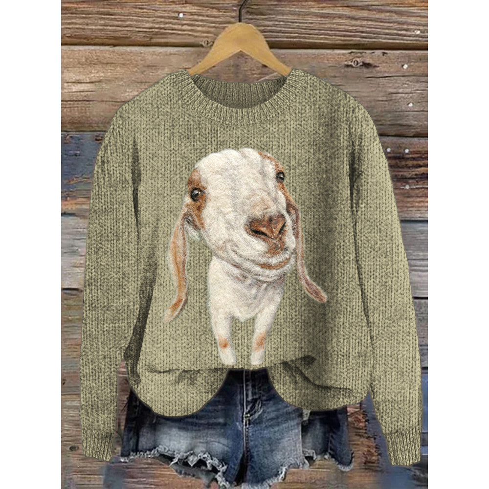 Sheep Felt Art Pattern Crew Neck Sweater
