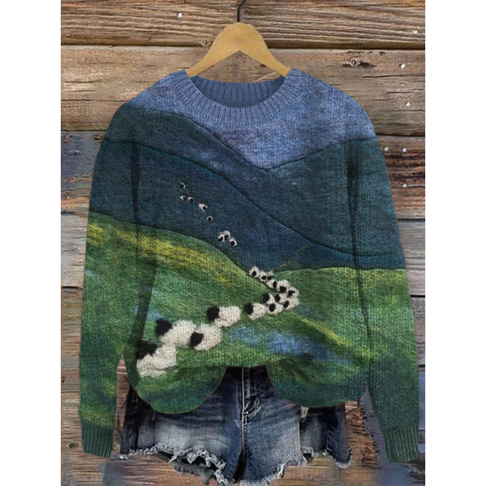 Sheep Mountains Landscape Felt Art Cozy Sweater