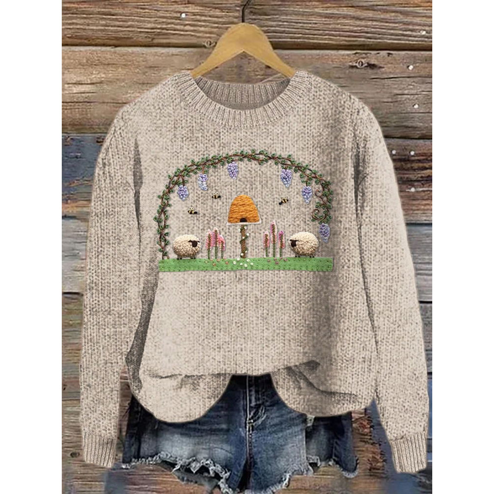 Sheep Pattern Embroidery Art Cozy Sweatshirt