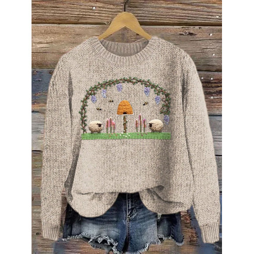 Sheep Pattern Embroidery Art Cozy Sweatshirt