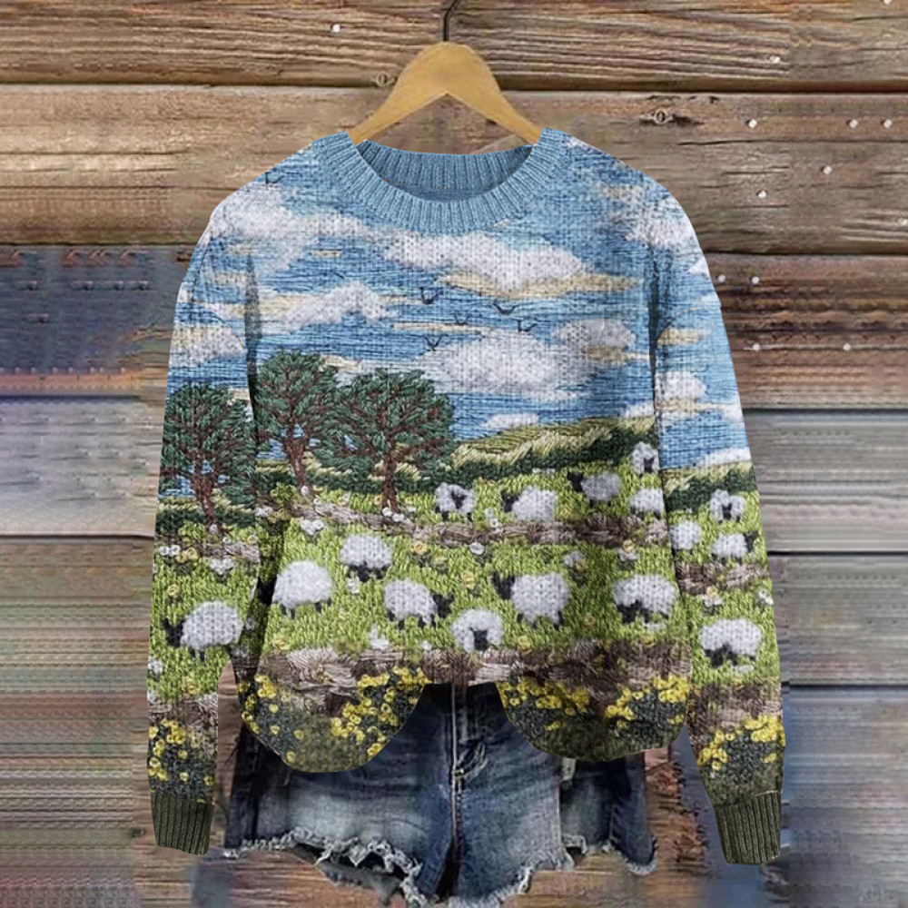 Sheep Print Crew Neck Knitted Sweater