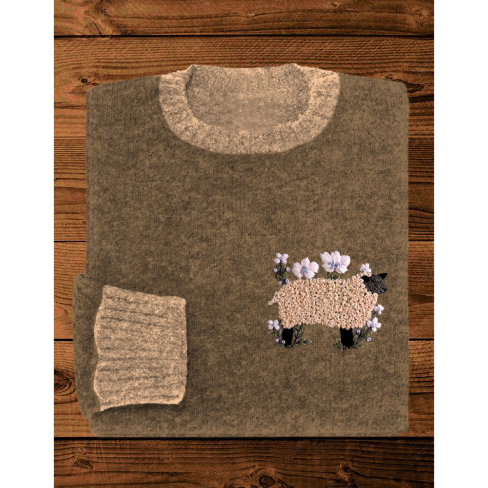 Sheep & Floral Embroidery Cozy Sweater
