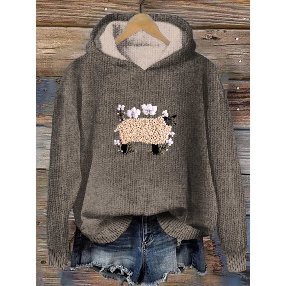 Sheep & Flower Embroidery Pattern Cozy Hooded Sweater
