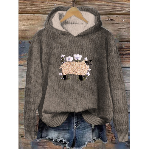 Sheep & Flower Embroidery Pattern Cozy Hooded Sweater