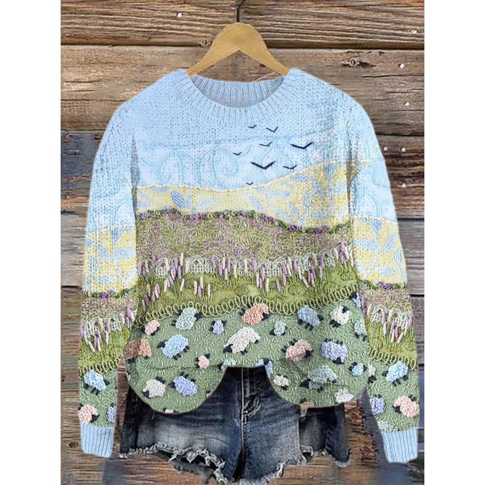 Sheep & Landscape Art Painting Casual Cozy Knit Sweater