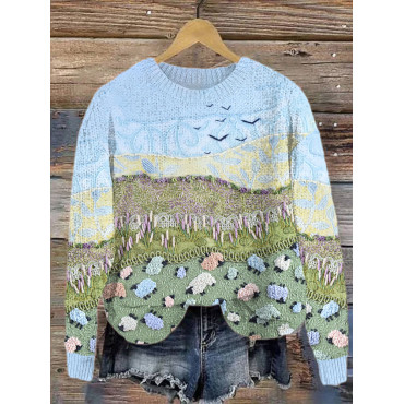 Sheep & Landscape Art Painting Casual Cozy Knit Sweater