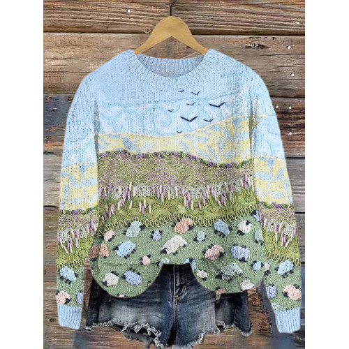 Sheep & Landscape Art Painting Casual Cozy Knit Sweater