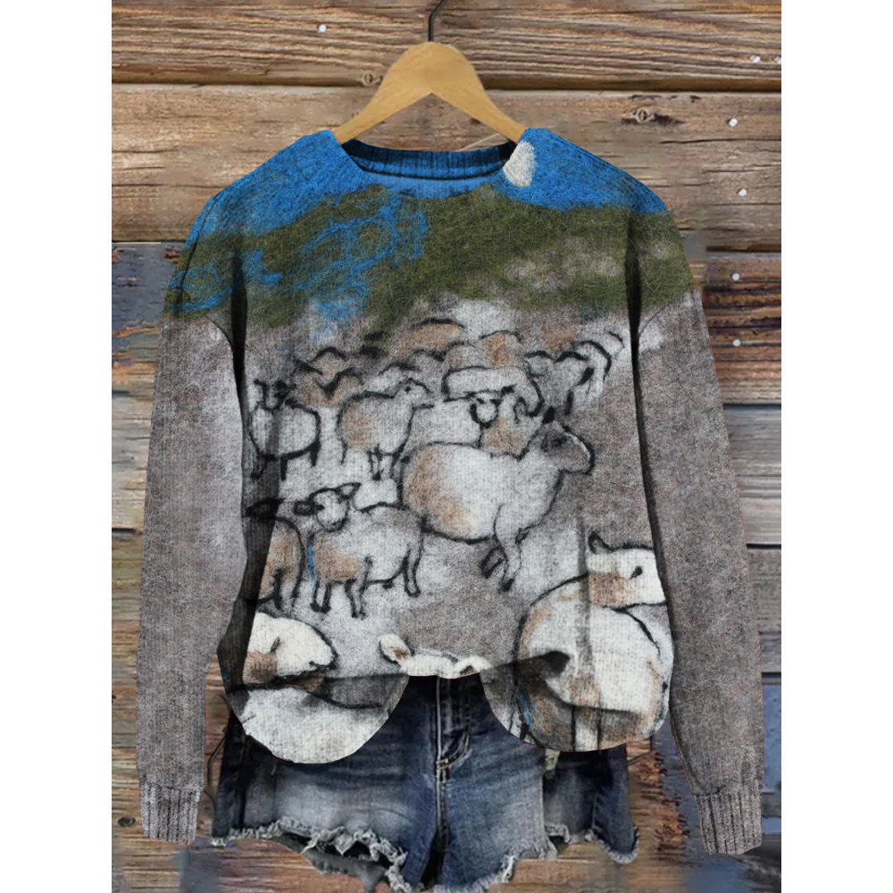 Sheep in the Night Felt Art Crew Neck Comfy Sweater