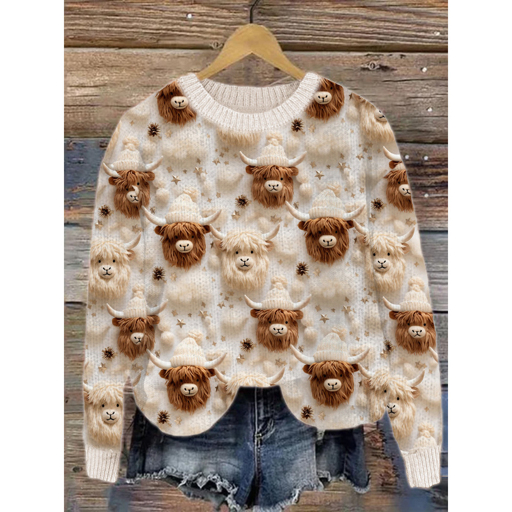 Snowy Winter Highland Cow Pattern Cozy Knit Sweater