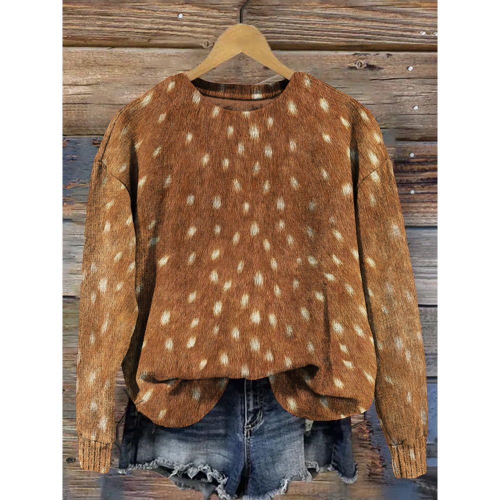 Soft Deer Hide Pattern Crew Neck Cozy Knit Sweater