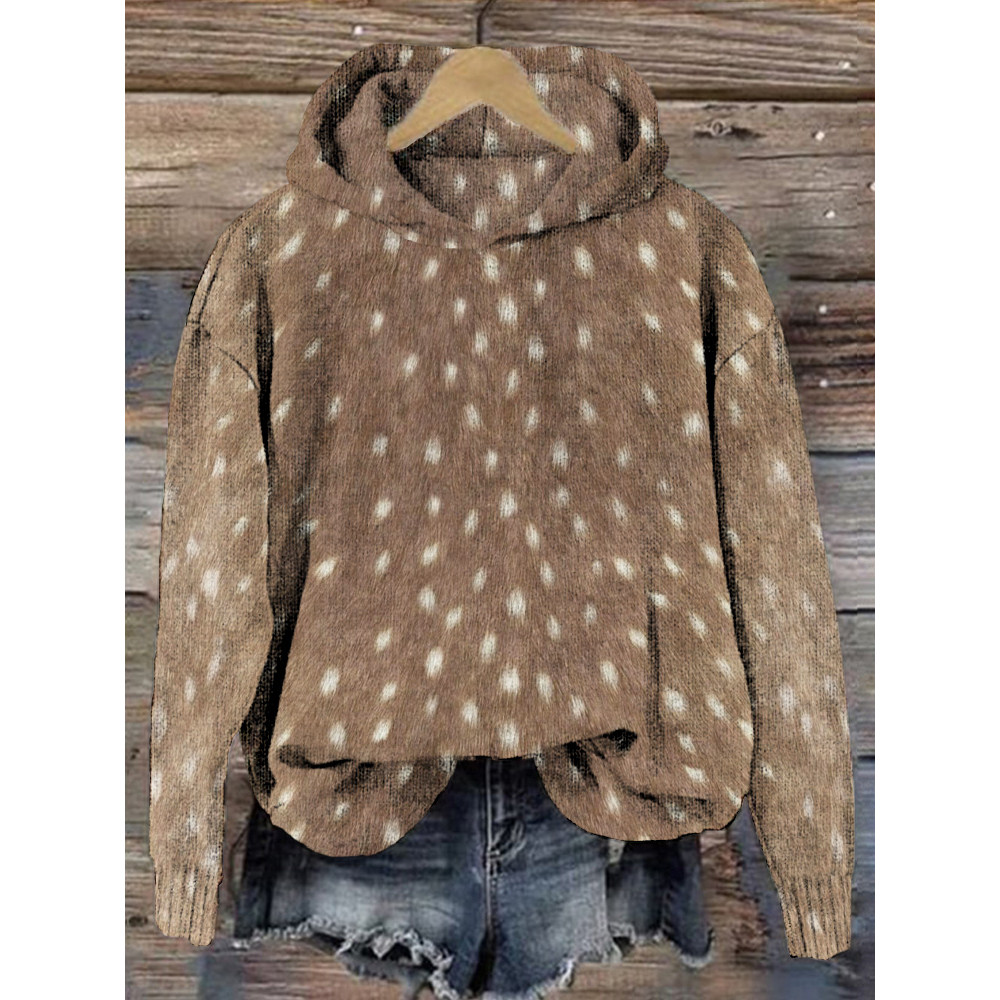 Soft Deer Hide Pattern Vintage Cozy Knit Hoodie