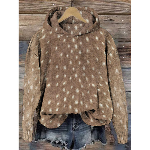 Soft Deer Hide Pattern Vintage Cozy Knit Hoodie