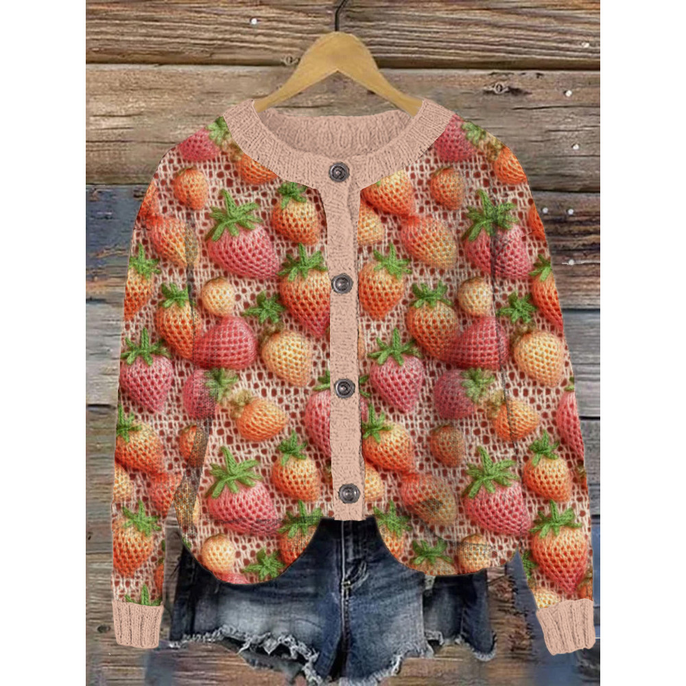 Strawberry Colorful Crochet Art Cozy Knit Cardigan