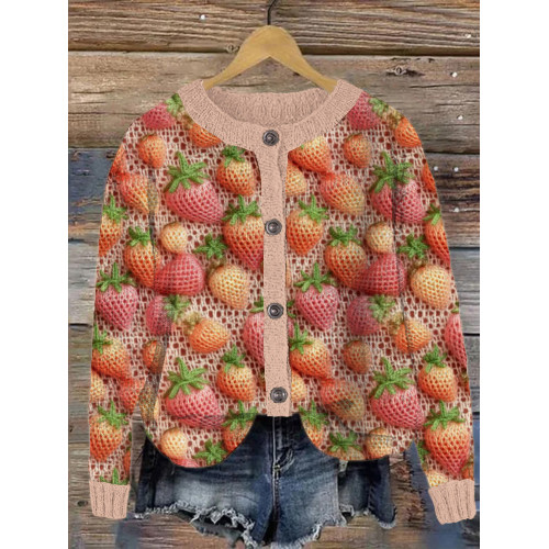 Strawberry Colorful Crochet Art Cozy Knit Cardigan