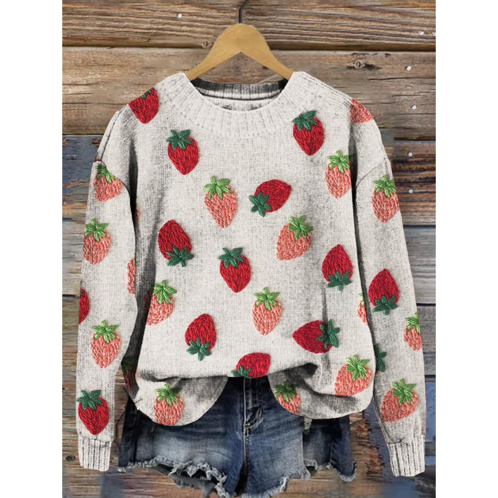 Strawberry Embroidery Art Crew Neck Comfy Sweater