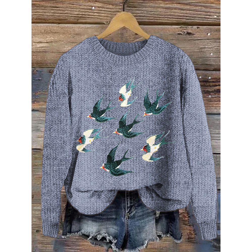 Swallow Embroidery Print Crew Neck Cozy Sweater
