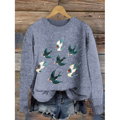 Swallow Embroidery Print Crew Neck Cozy Sweater