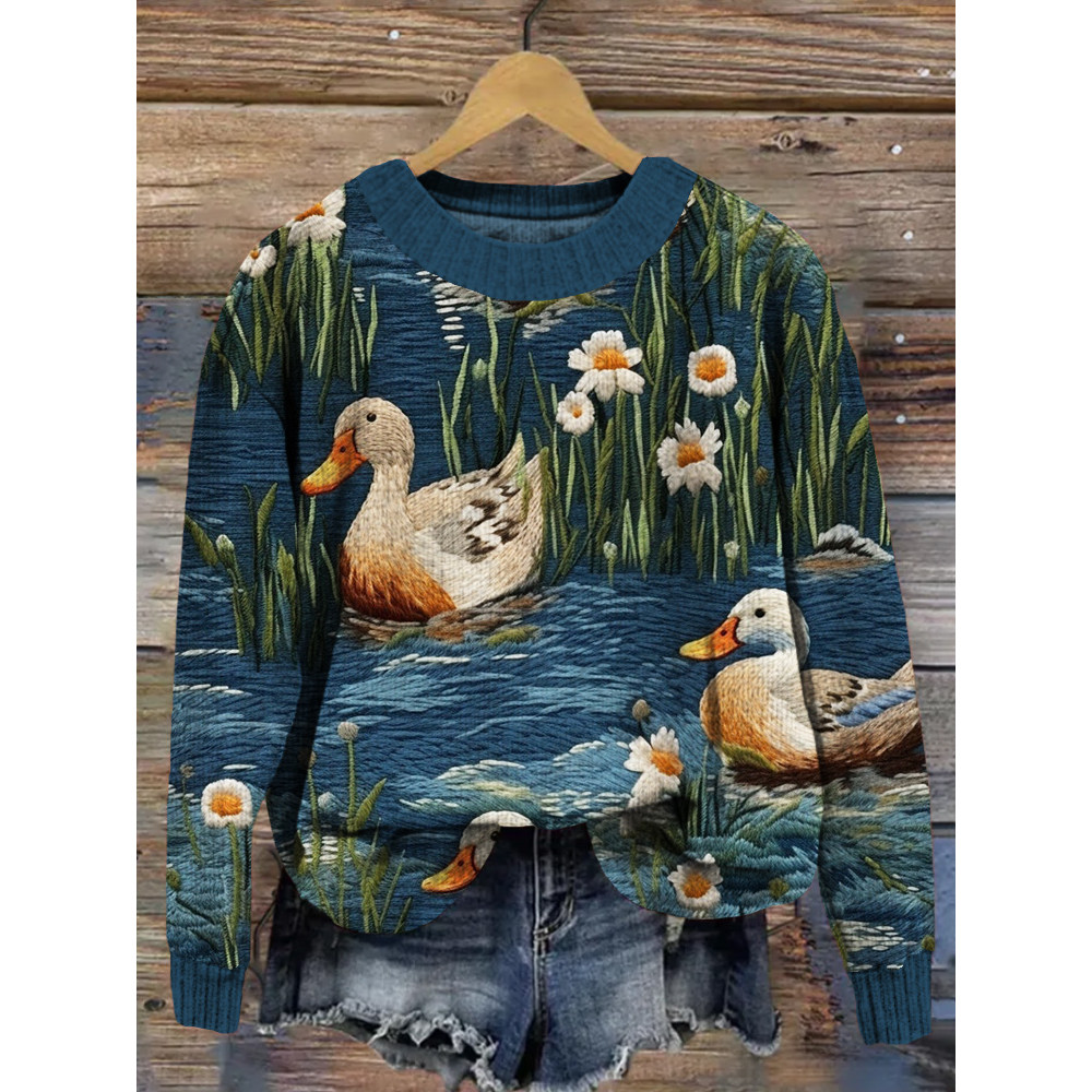 Swimming Ducks Embroidery Pattern Cozy Knit Sweater