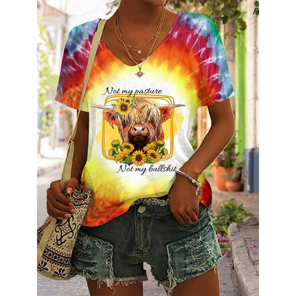 Tie Dye Sunflower Highland Cow Print Top