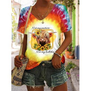Tie Dye Sunflower Highland Cow Print Top