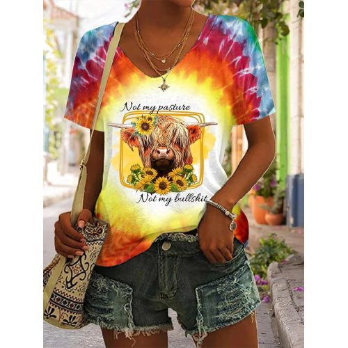 Tie Dye Sunflower Highland Cow Print Top