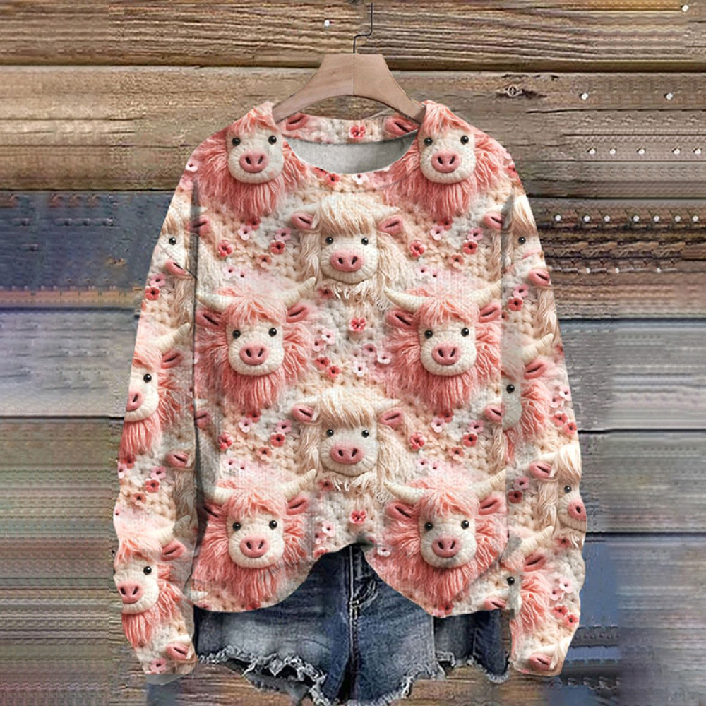 Valentine'S Day Highland Cow Flowers Art Print Casual Sweater