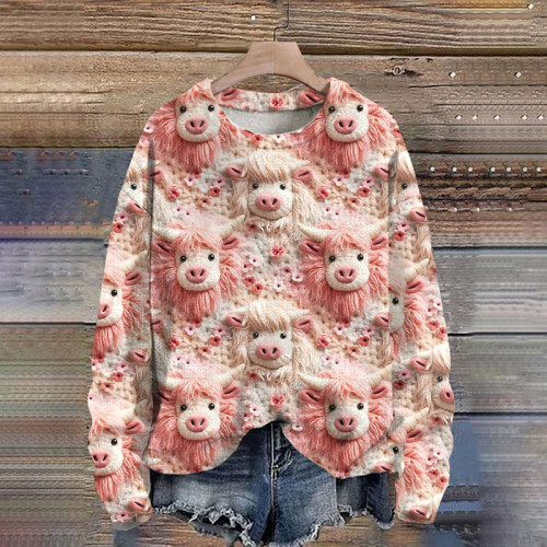 Valentine'S Day Highland Cow Flowers Art Print Casual Sweater