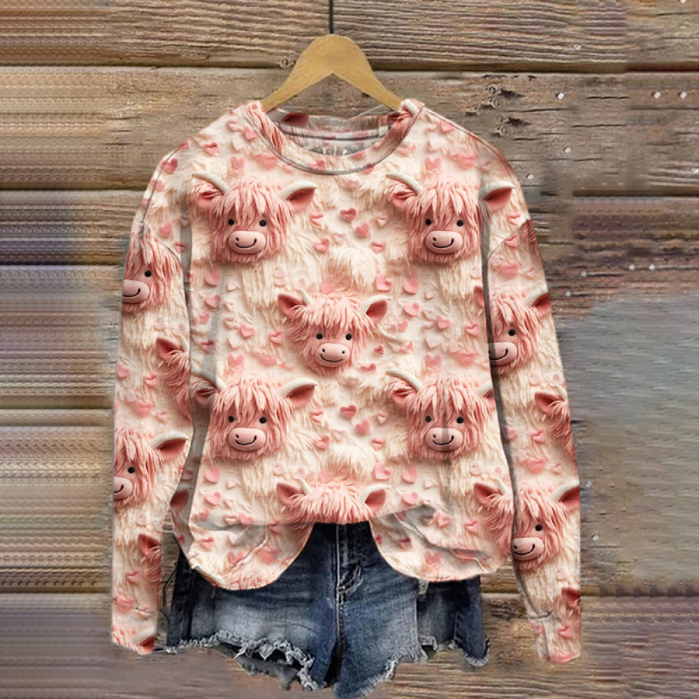 Valentine's Day Heart Highland Cow Print Casual Sweatshirt