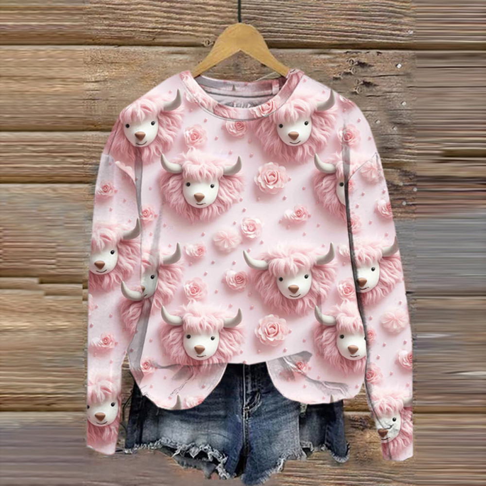 Valentine's Day Highland Cow Heart Print Casual Sweatshirt