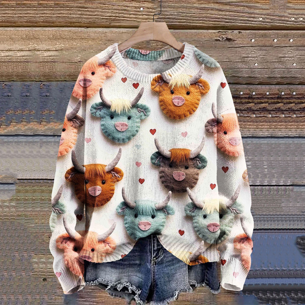 Valentine's Day Highland Cow Print Knitted Sweater